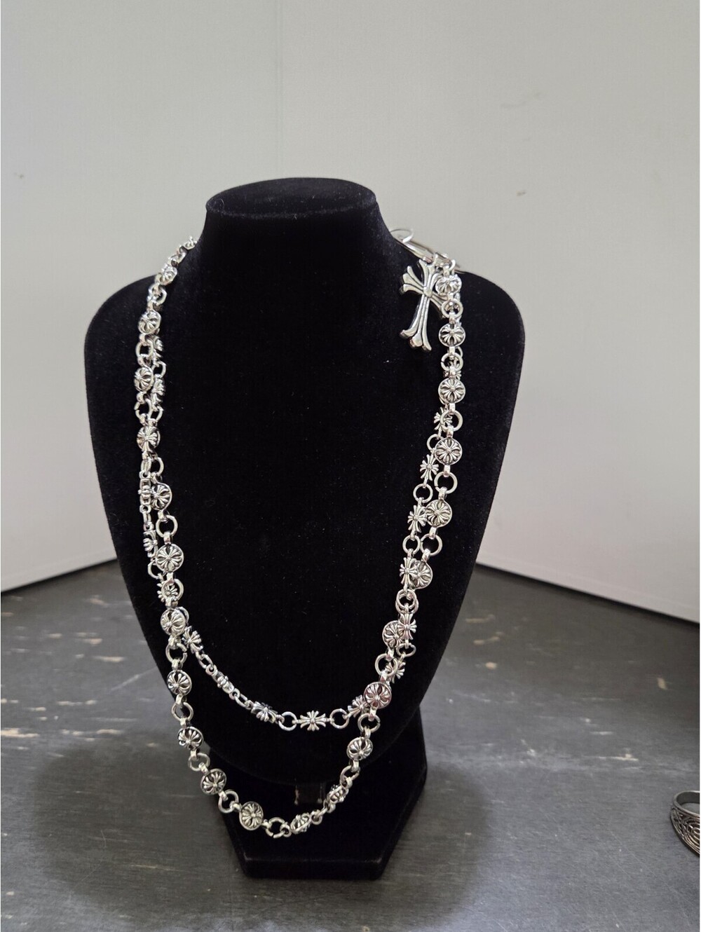 Men’s Hip Hop Jean Chain Double Strand Silver Tone Floral Cross Pants Chain